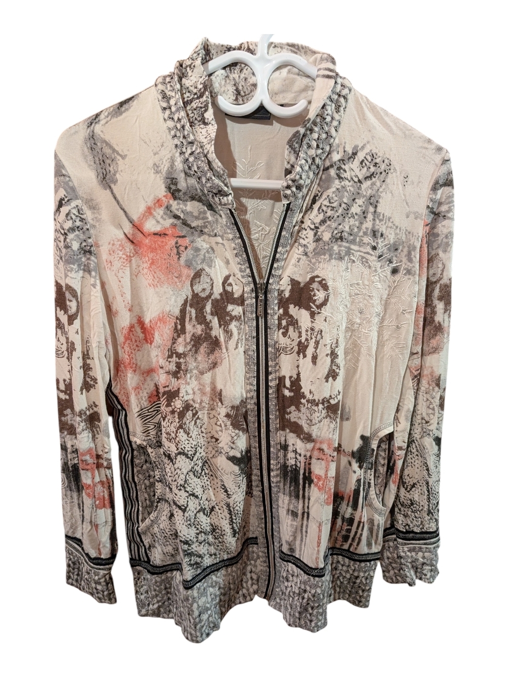 Orly Neutral & Coral Printed Zip-Front Bomber Jacket